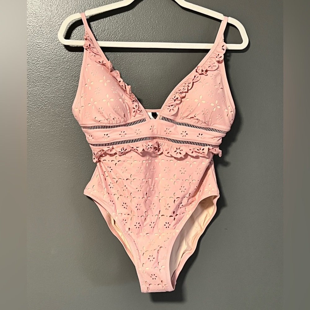 J.Crew Scalloped Ruffle Plunging One-Piece Swimsuit Pink Eyelet Laser-Cut